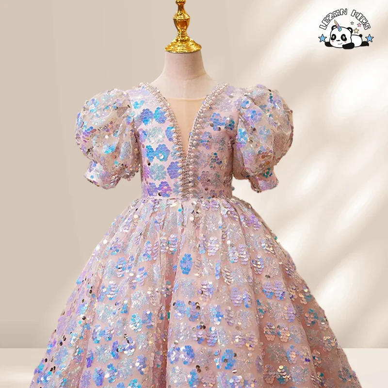 LEZONKIDS - 2024 Fashion Sequined Beading Boutique Flower Girls' Dresses Children Evening Party Dress